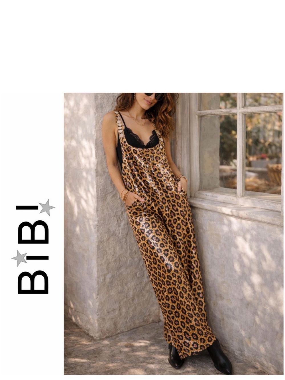 BiBi Y2K Leopard-Print Sequin Wide-leg Jumpsuit in Brown & Black